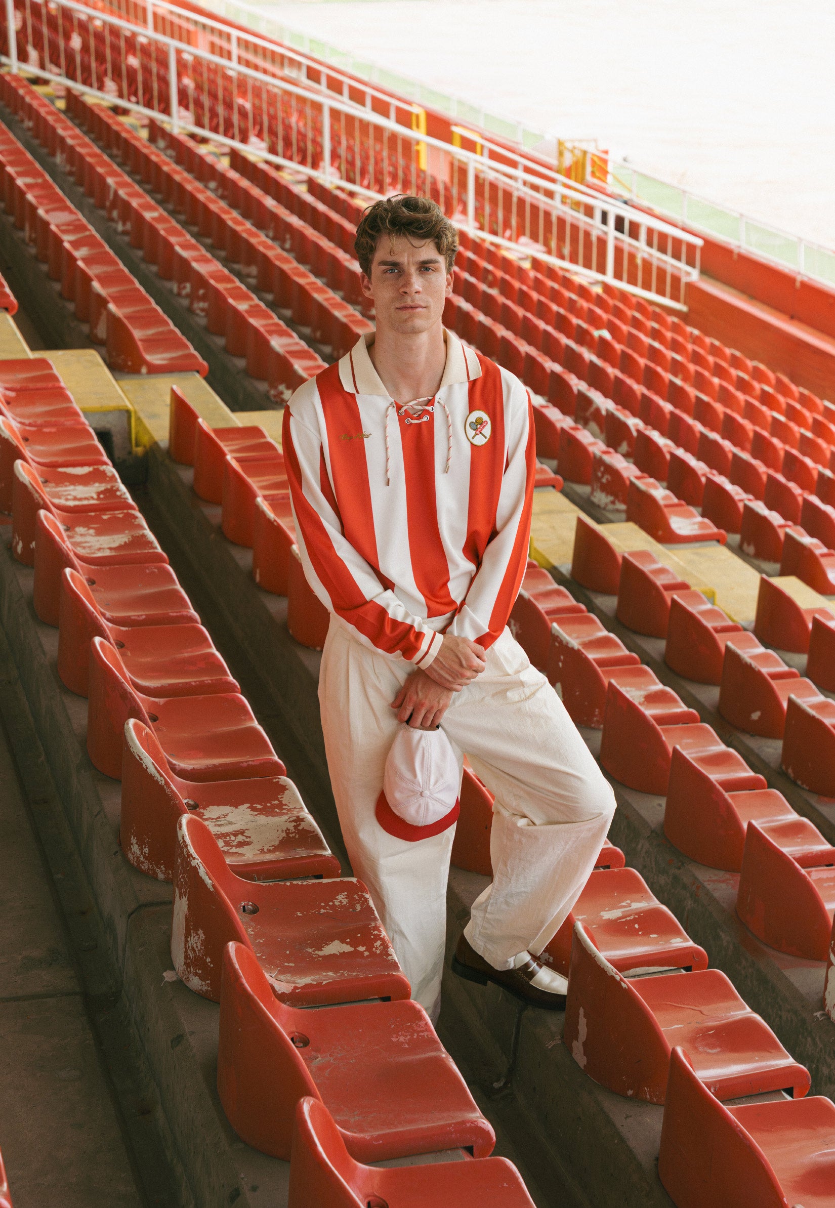 Male model wearing Coup D'État x Leixões long sleeve Jersey - Red and Off-White - Coup D'État Portugal