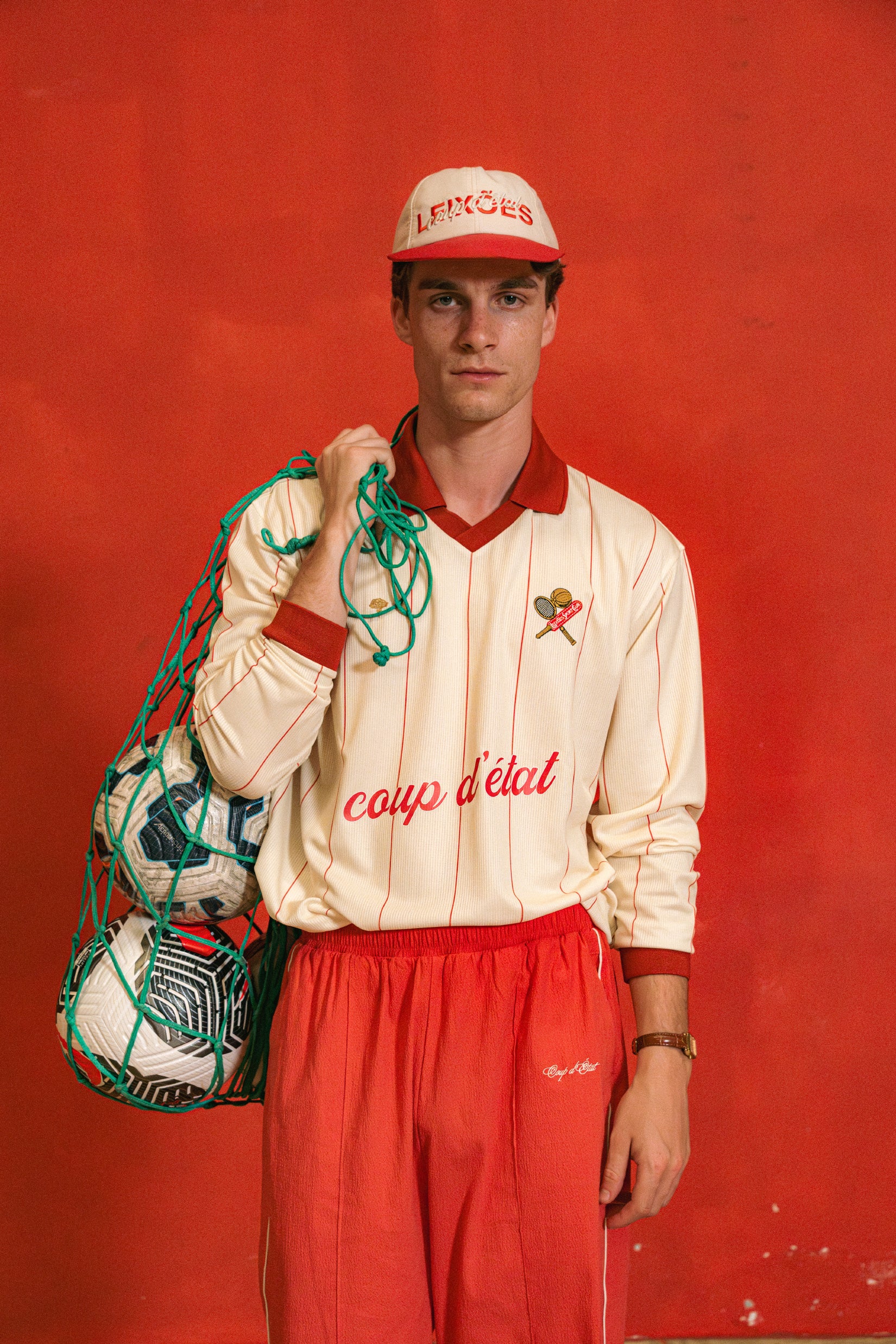 Male model wearing Coup D'État x Leixões long sleeve Jersey - Off-White and Red - Coup D'État Portugal