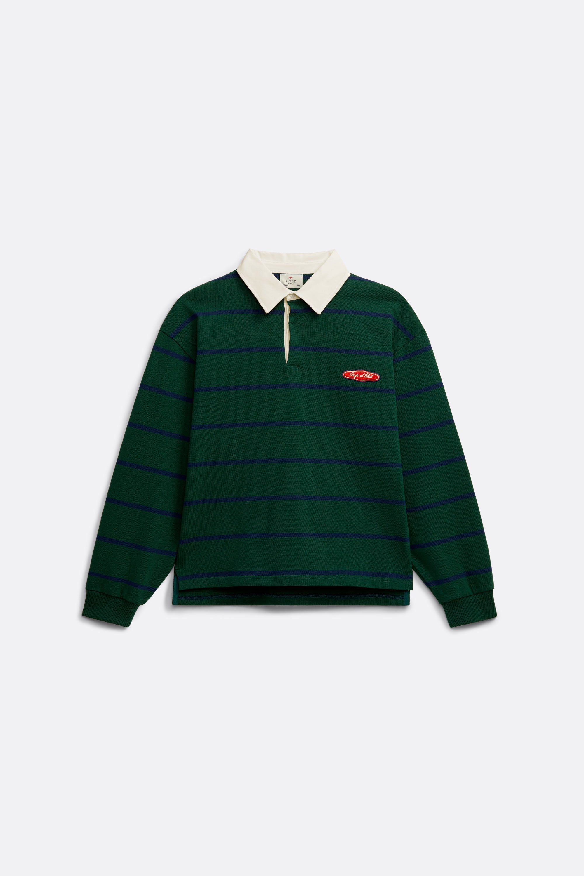 Striped Rugby Polo in Green and Navy Blue - Front  patch - Coup D'État Portugal