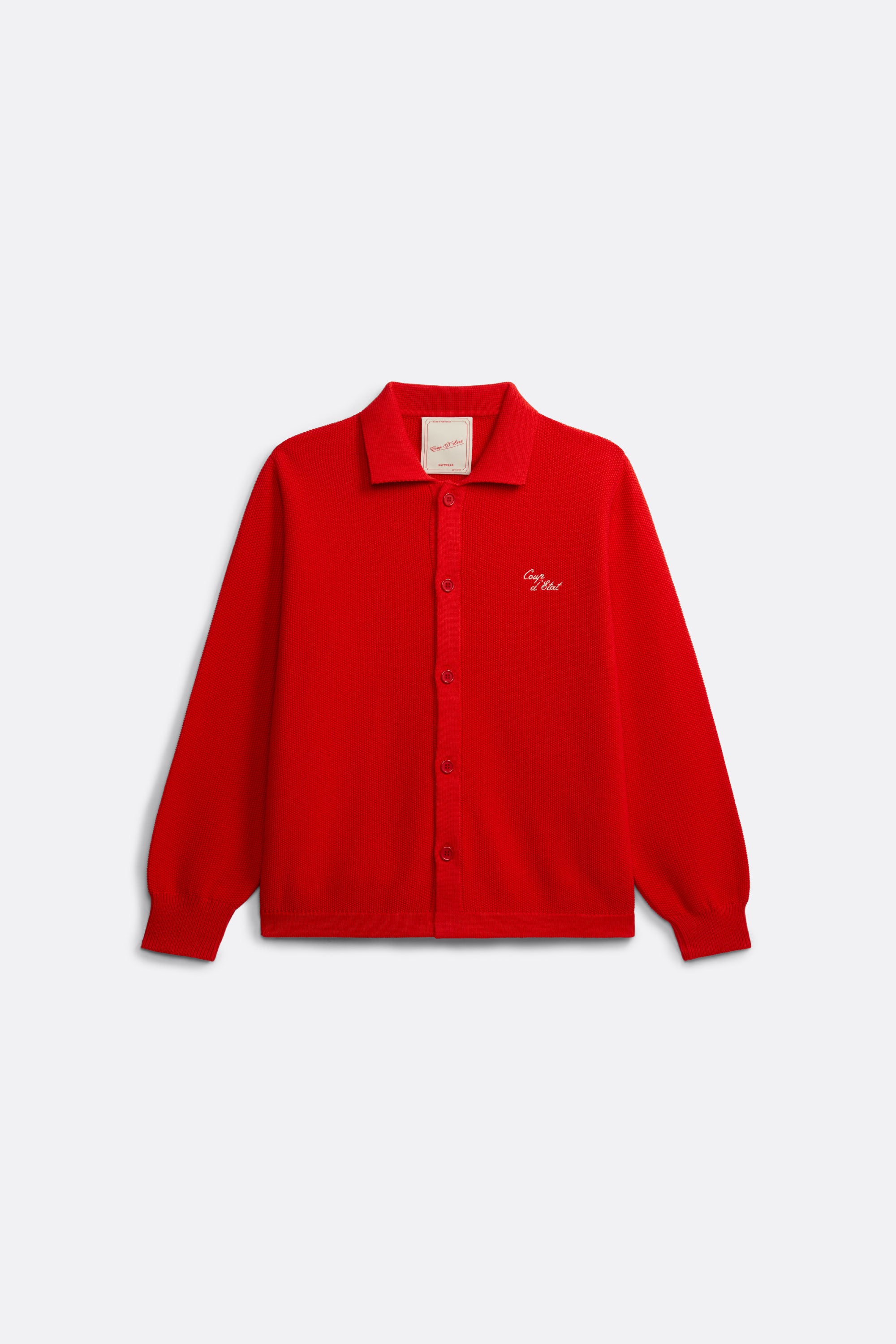Knitted long sleeve Shirt in Red - Front embroidery in off-white - Coup D'État Portugal