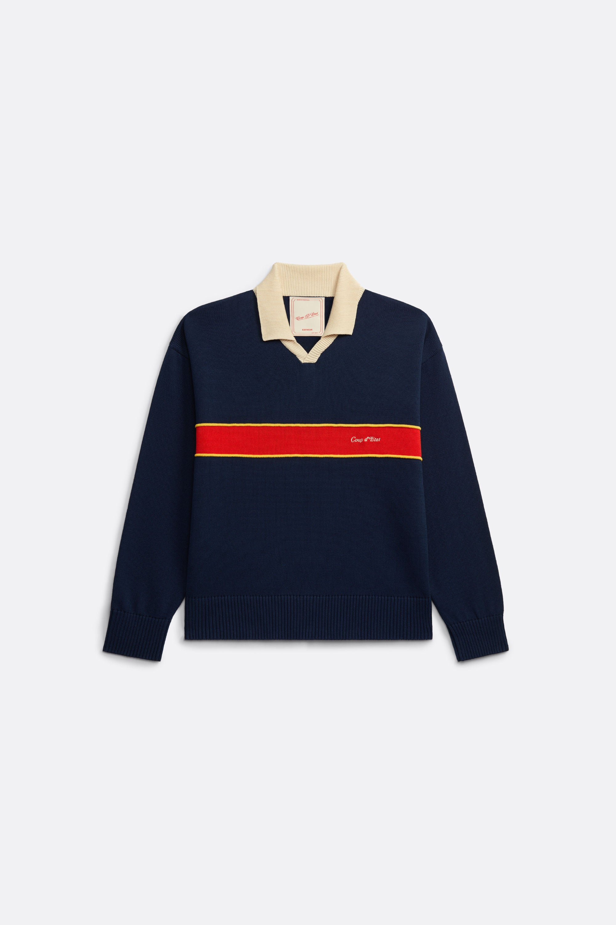 Long Sleeve Knitted Polo Shirt in Navy Blue with Red stripe - Front embroidery - Coup D'État Portugal
