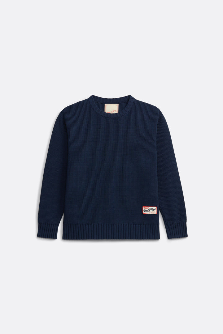 Knitted Crewneck in Navy Blue - Label Patch  detail - Coup D'État 