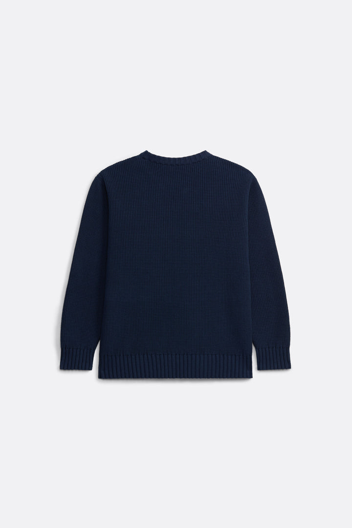 Knitted Crewneck in Navy Blue - Label Patch  detail - Coup D'État 