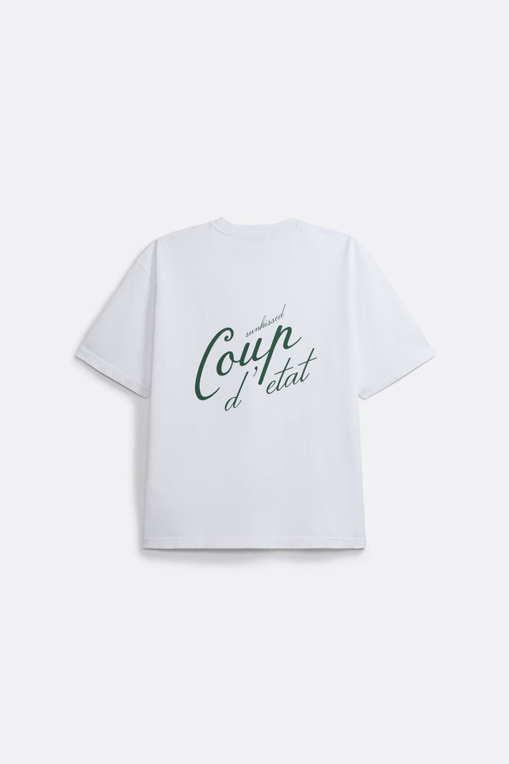 Coup Sunkissed T-Shirt in White - Back Print in Green - Coup D'État 