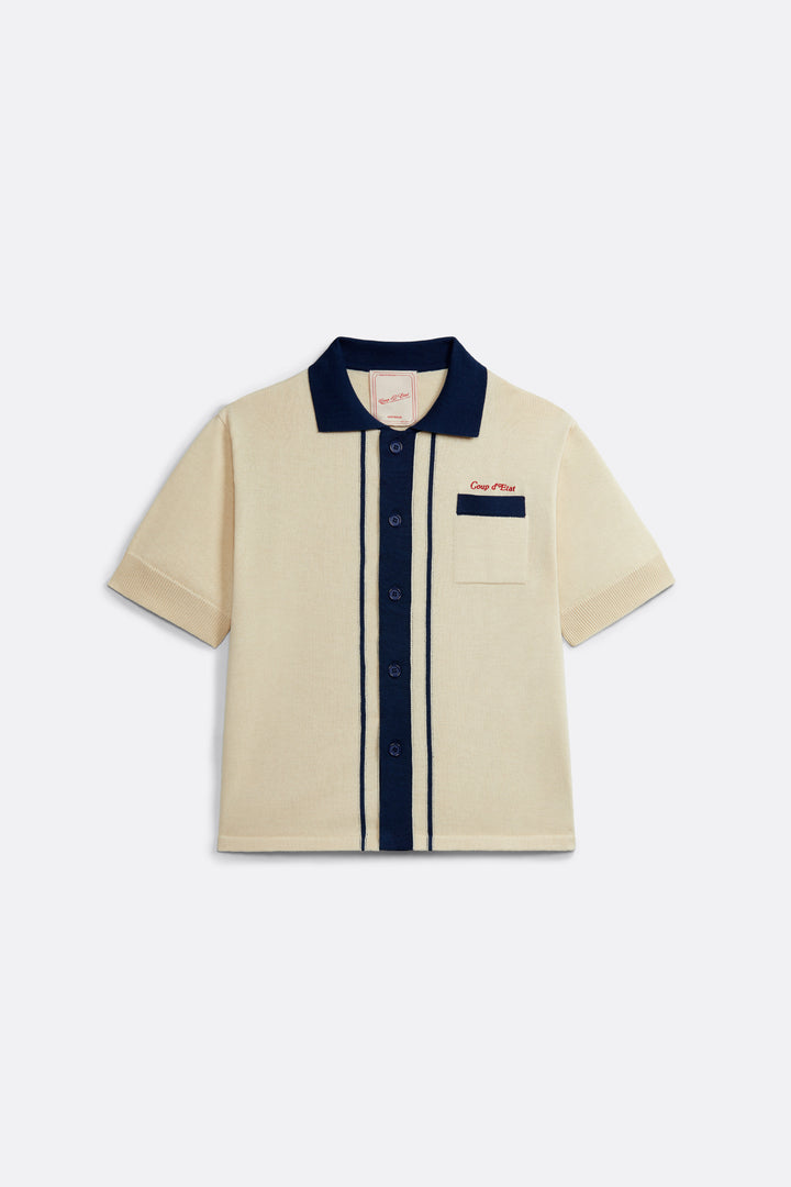 Knitted Bowling Shirt in Cream and Navy blue - Handcrafted - Coup D'État Portugal