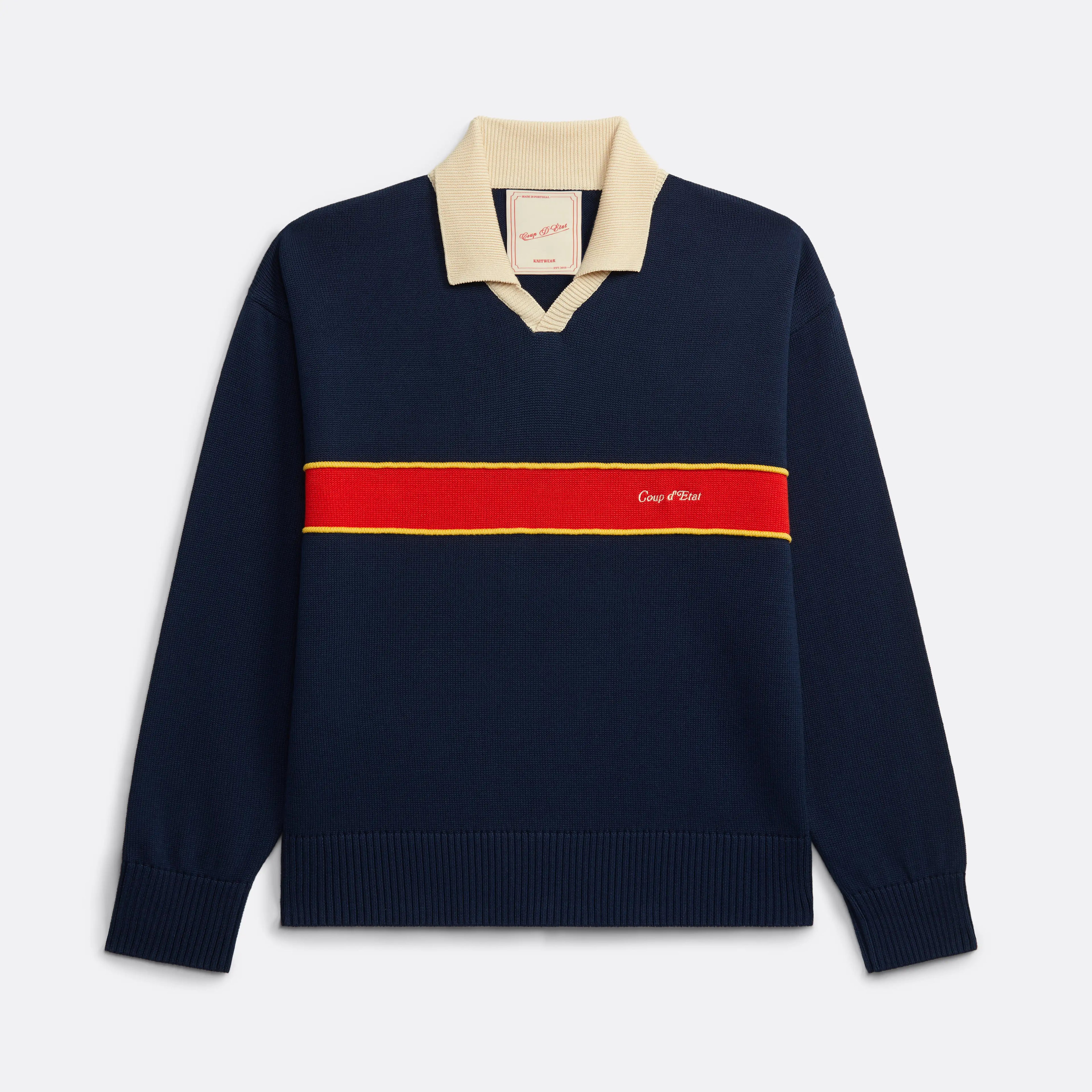 Long Sleeve Knitted Polo Shirt in Navy Blue with Red stripe - Front embroidery - Coup D'État Portugal