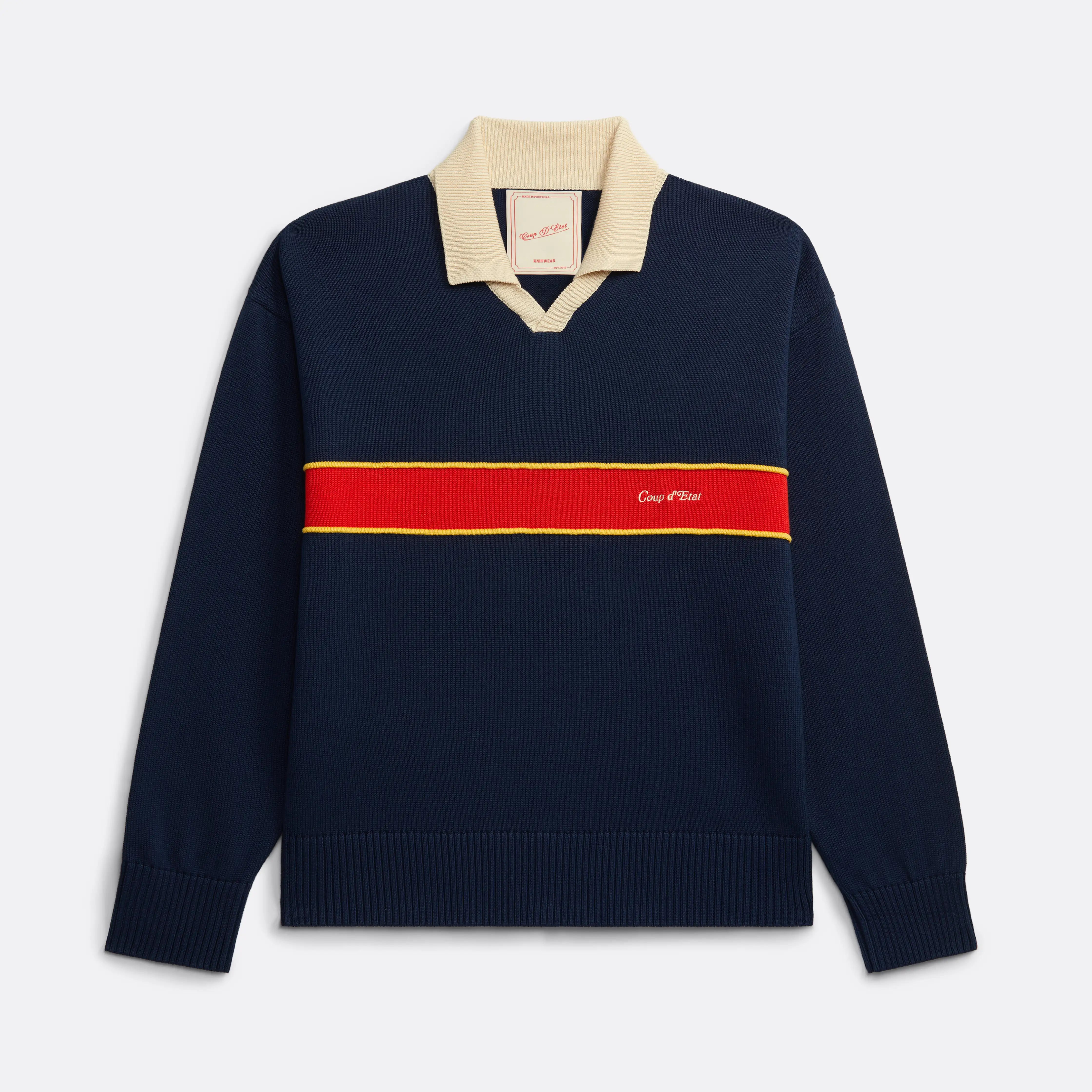Long Sleeve Knitted Polo Shirt in Navy Blue with Red stripe - Front embroidery - Coup D'État Portugal