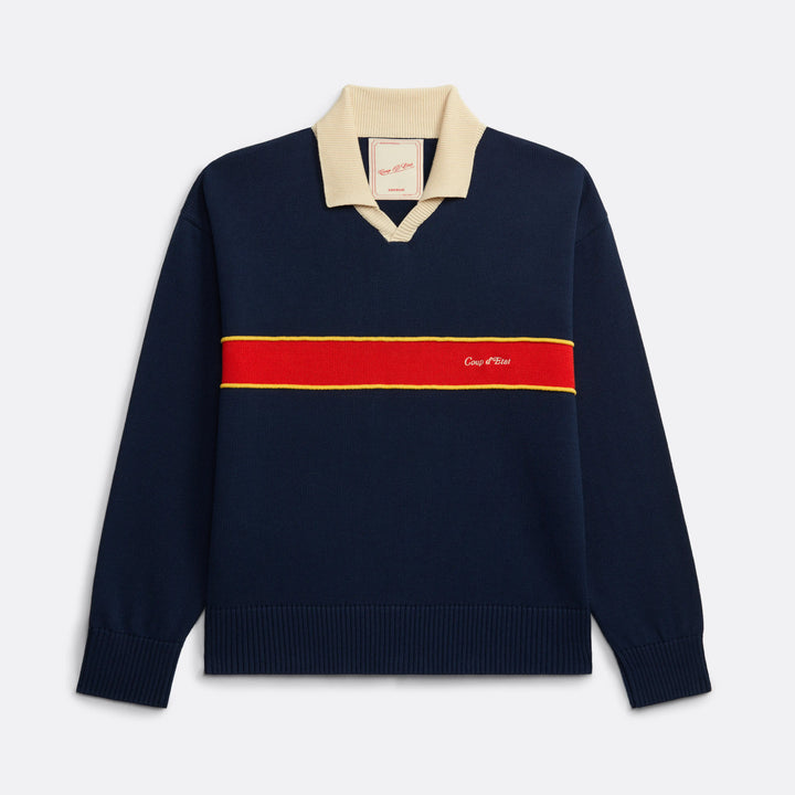 Long Sleeve Knitted Polo Shirt in Navy Blue with Red stripe - Front embroidery - Coup D'État Portugal