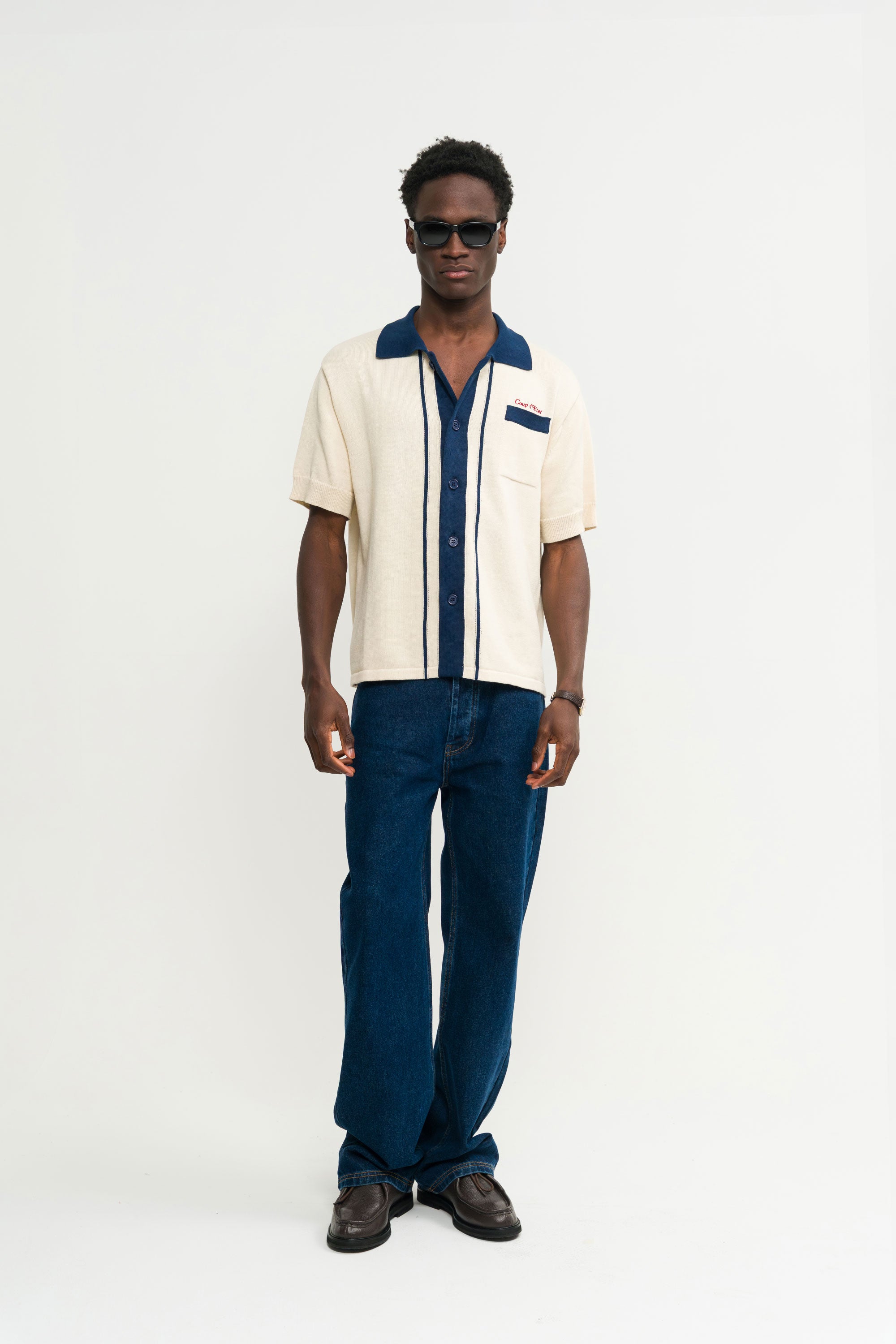 Knitted bowling shirt in Off-White and Navy blue - Coup D'État Portugal