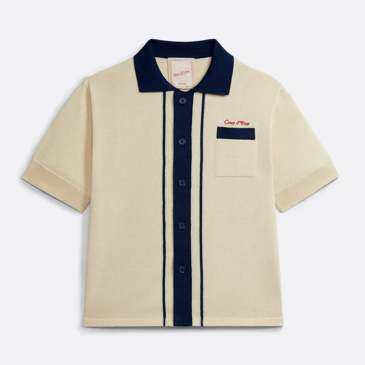 Knitted Bowling Shirt in Cream and Navy blue - Handcrafted - Coup D'État Portugal