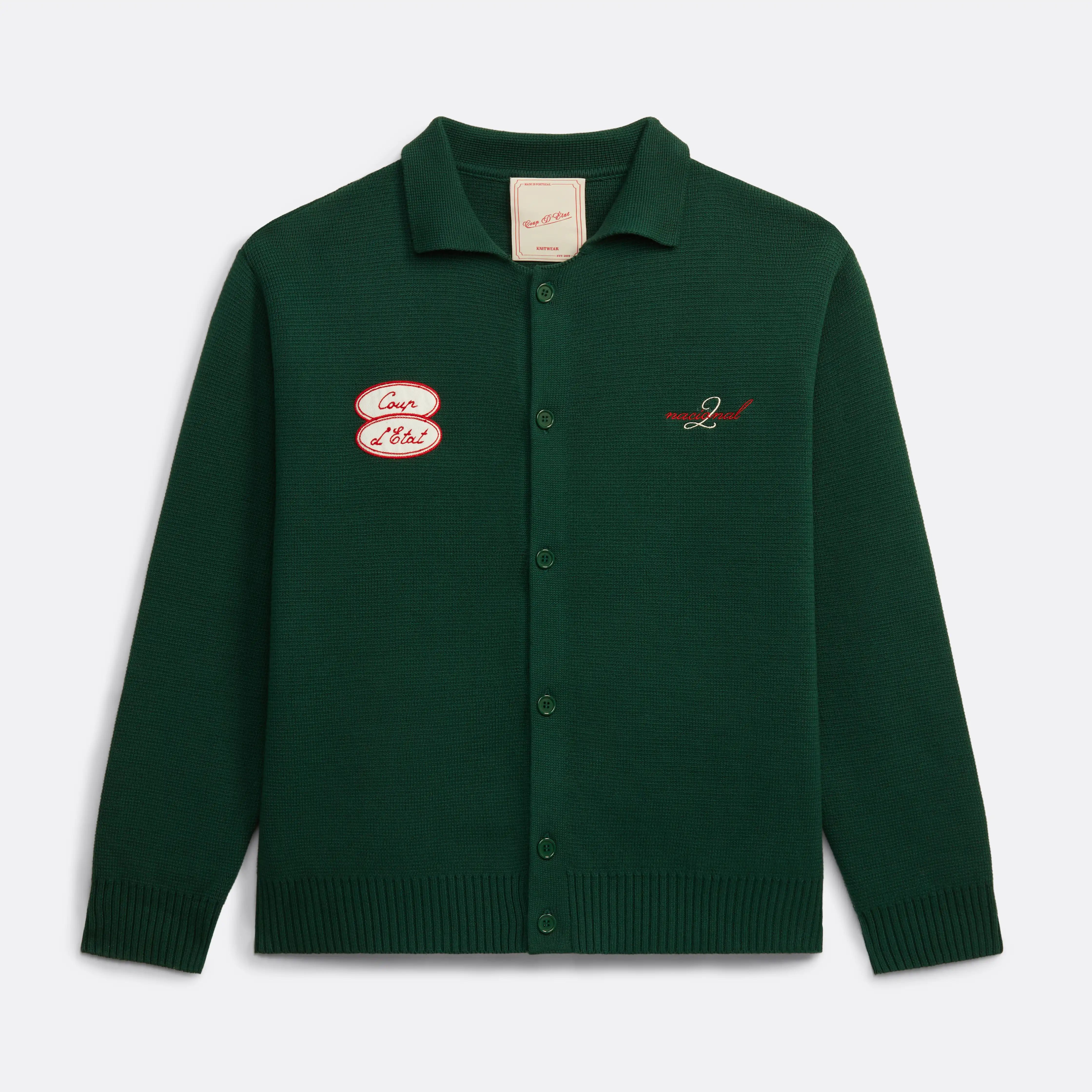 Knitted Cardigan in Green - Patch and embroidery detail - Coup D'État Portugal