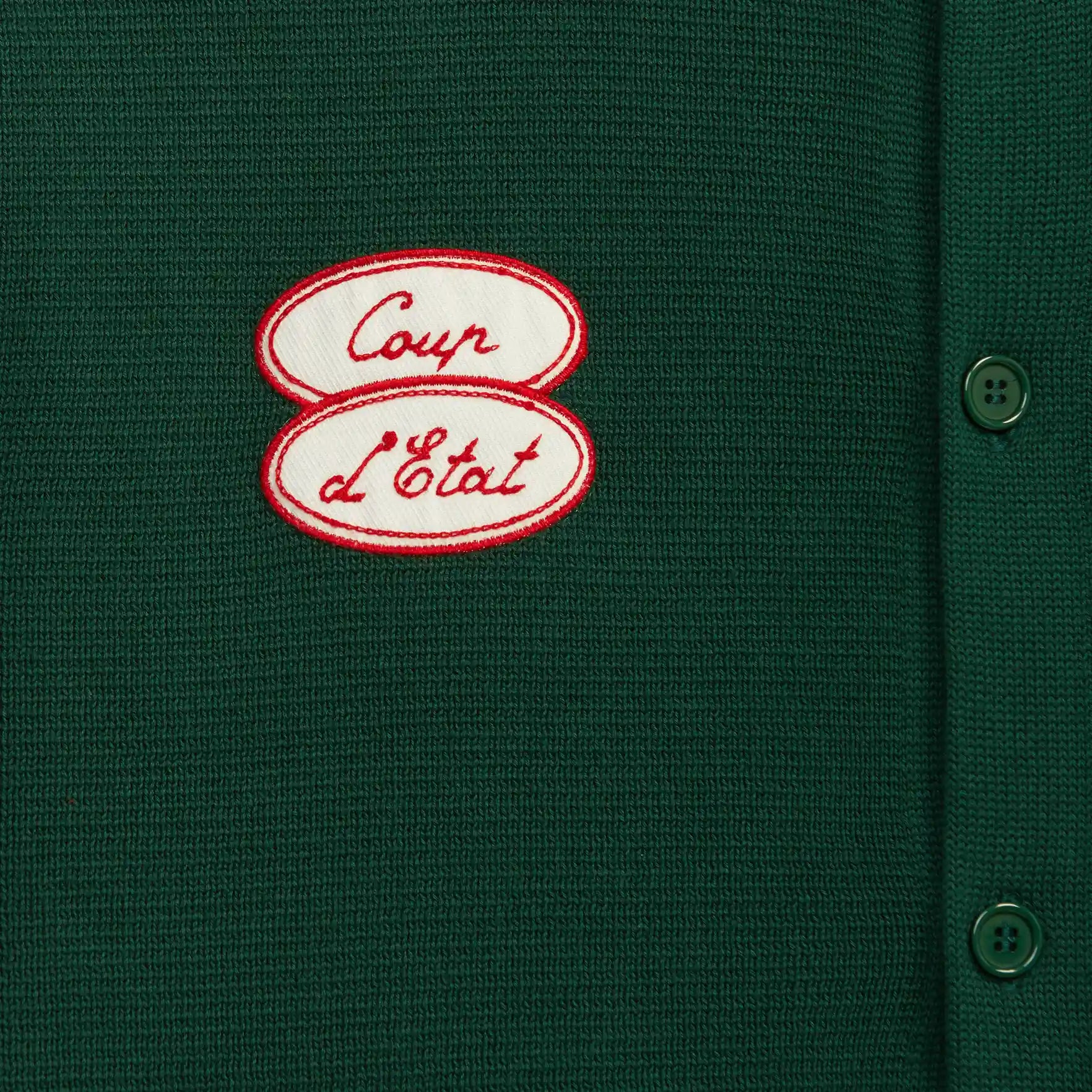 Knitted Cardigan in Green - Patch and embroidery detail - Coup D'État Portugal