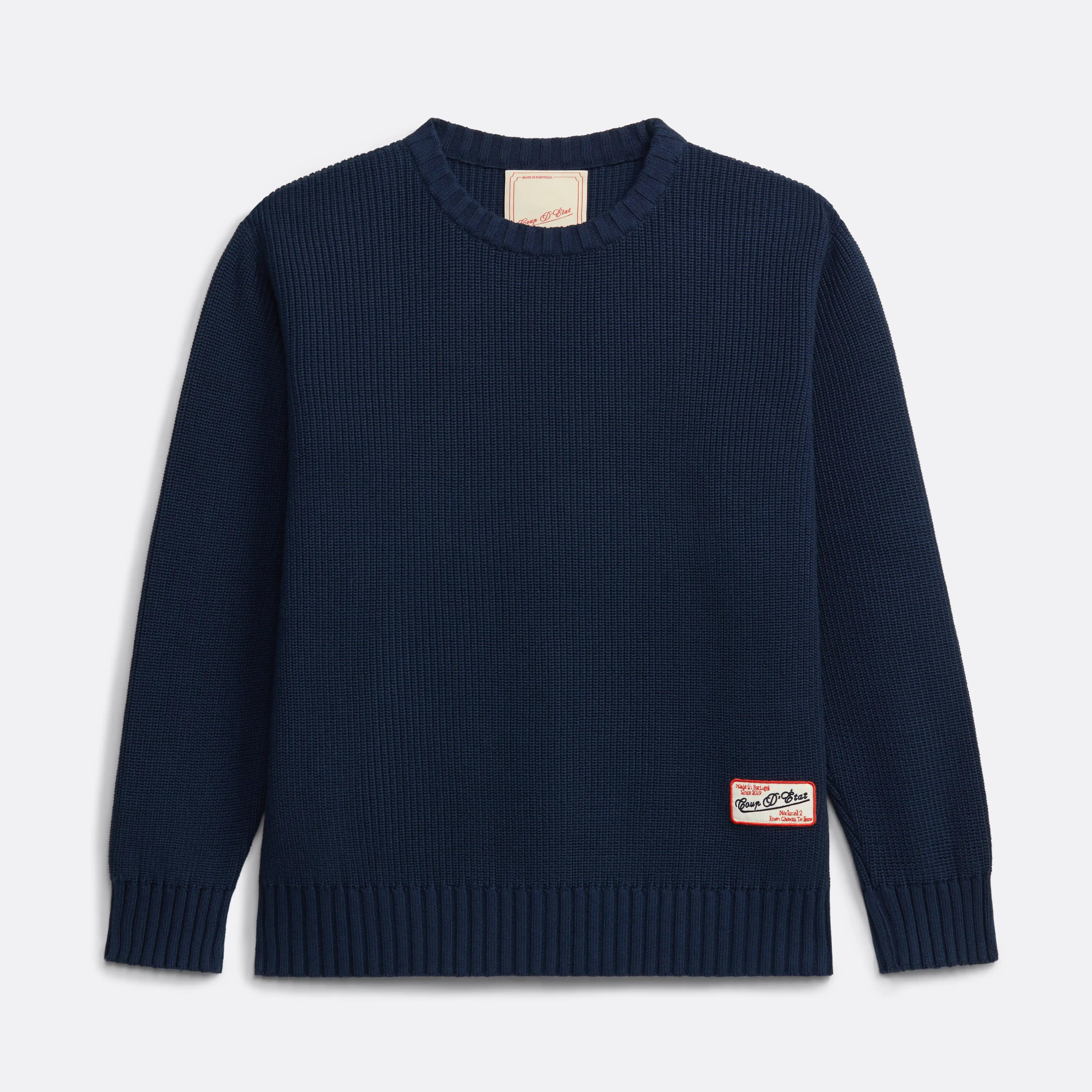 Knitted Crewneck in Navy Blue - Label Patch  detail - Coup D'État Portugal