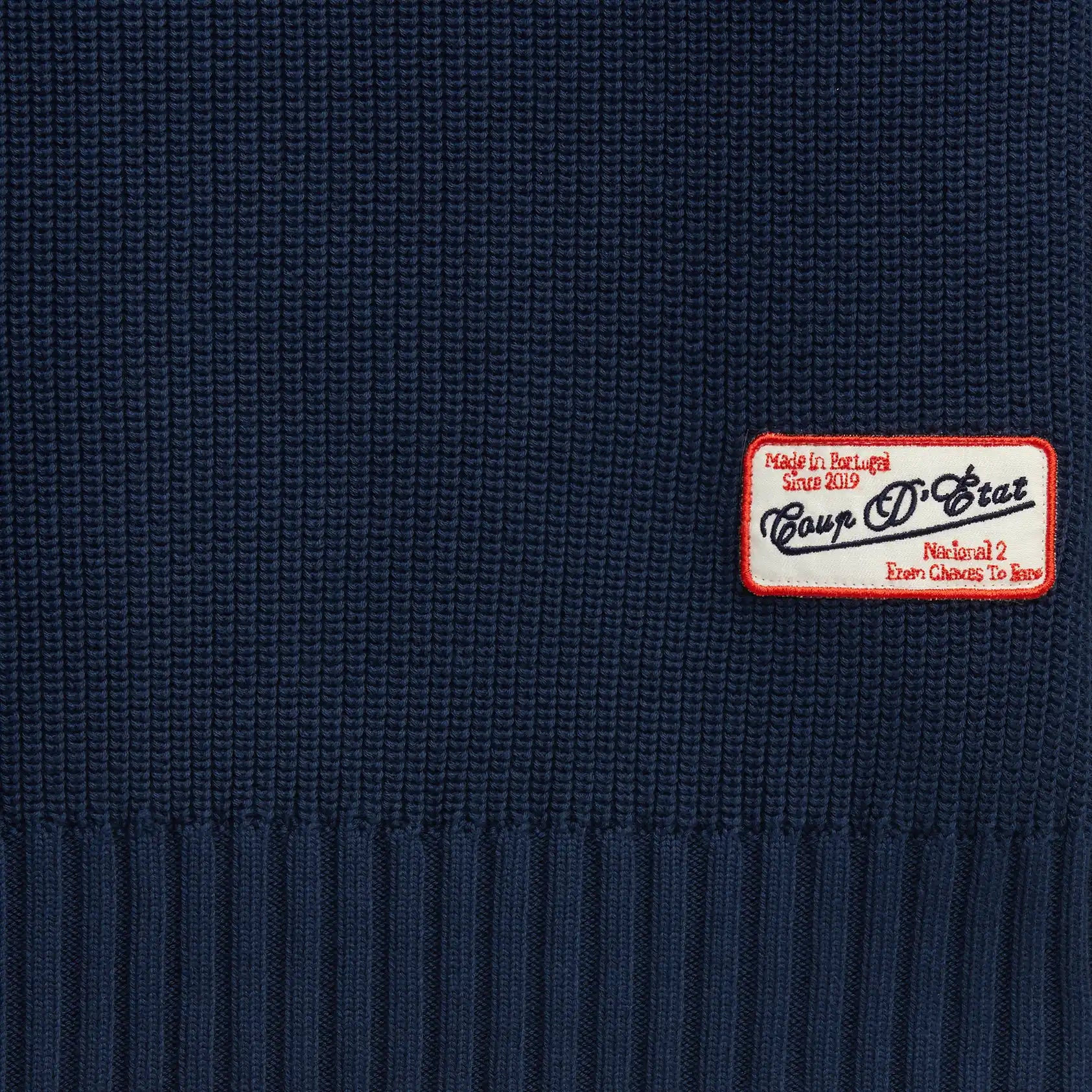 Knitted Crewneck in Navy Blue - Label Patch  detail - Coup D'État Portugal