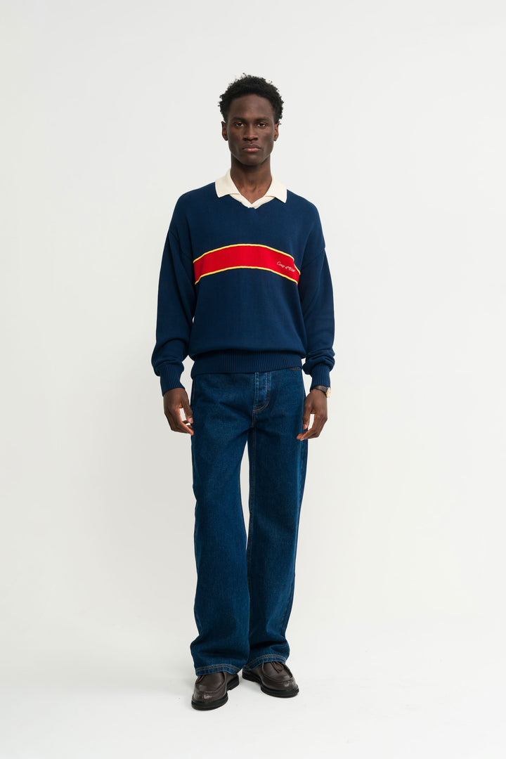 Knitted longsleeve Polo in Navy Blue - Red Stripe - Coup D'État Portugal