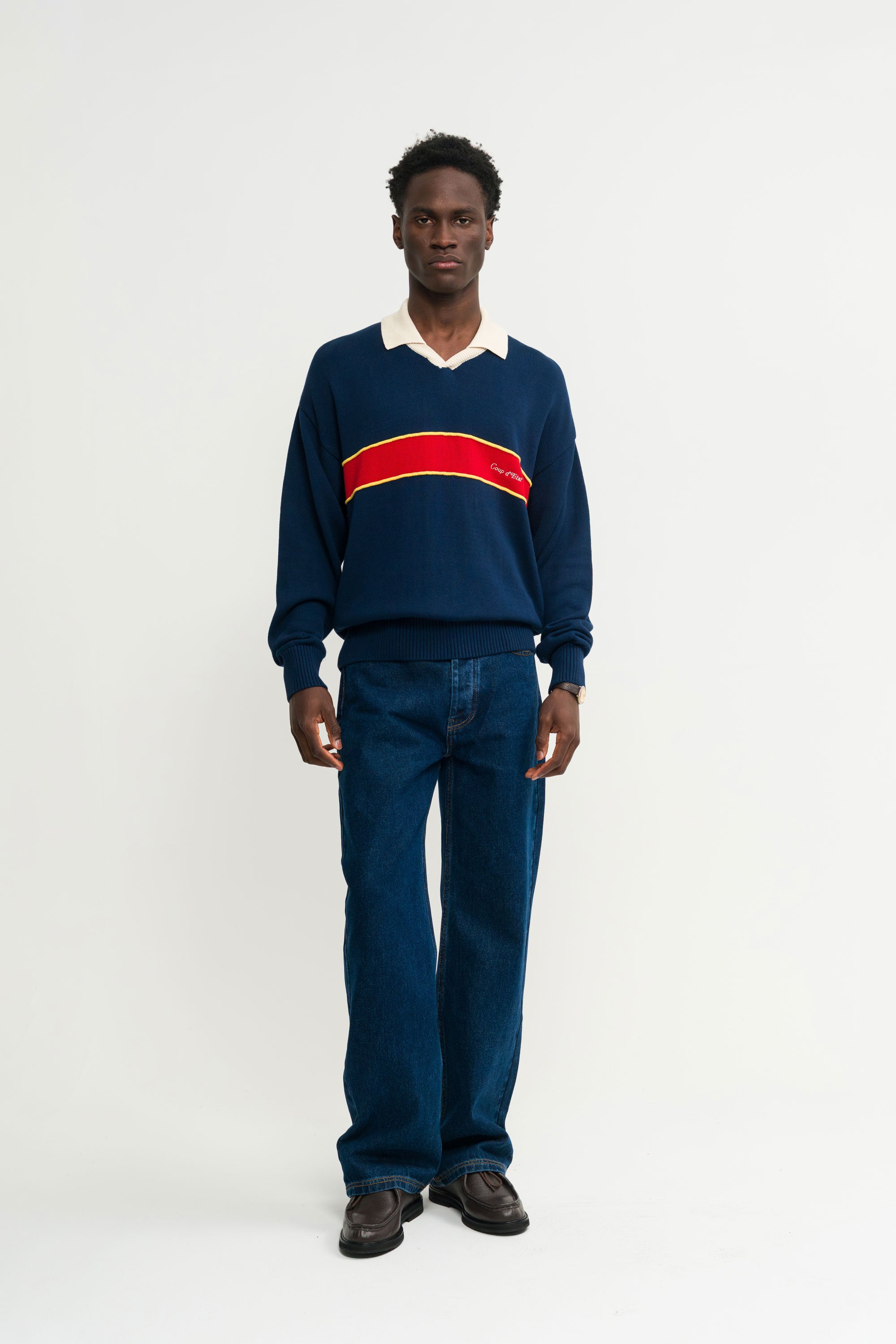 Long Sleeve Knitted Polo Shirt in Navy Blue with Red stripe - Male model - Coup D'État Portugal