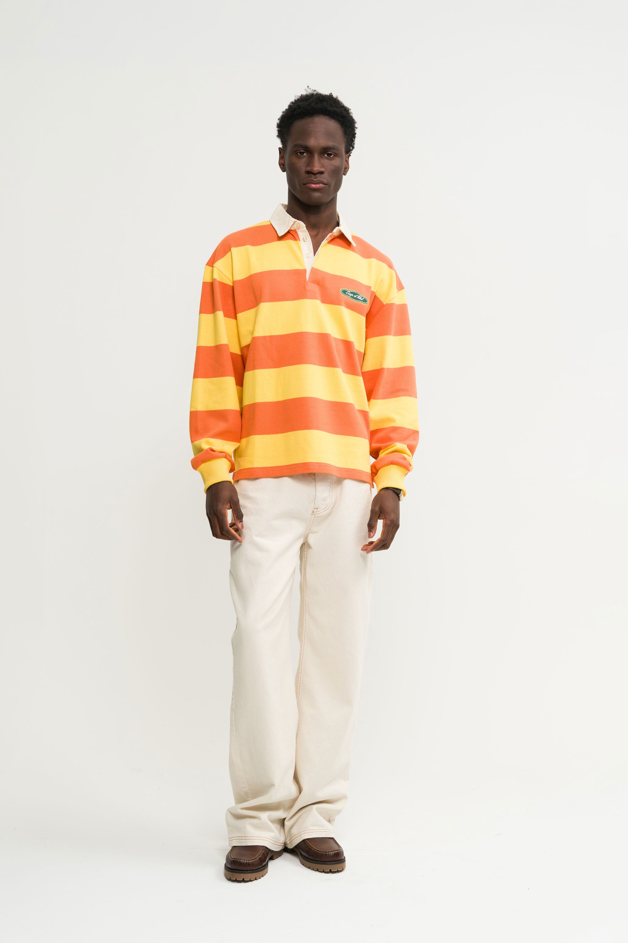 Striped Rugby Polo in Orange and Yellow - Male Model - Coup D'État Portugal