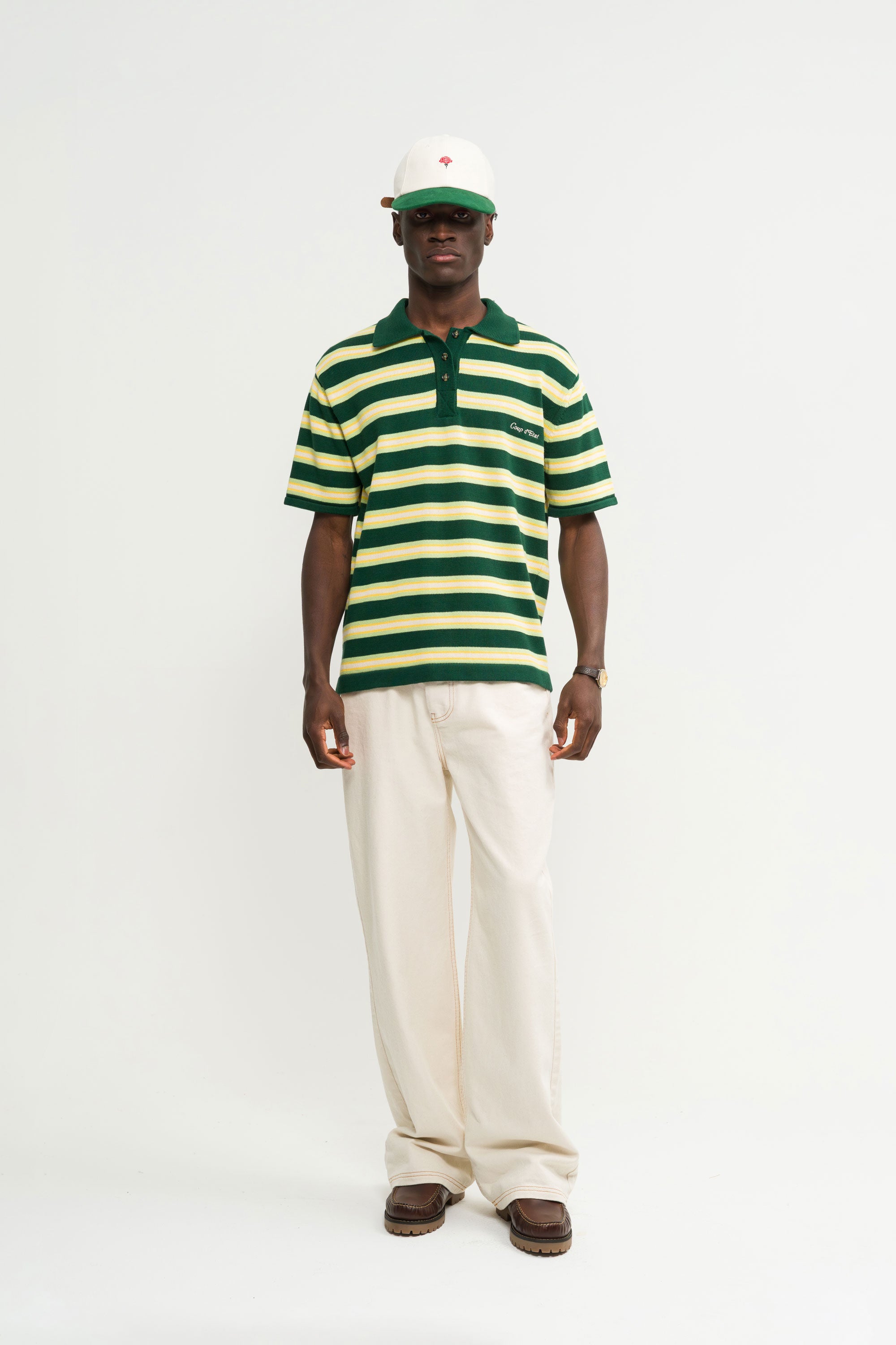 Knitted Striped Polo Shirt in Green and Yellow - Male model - Coup D'État Portugal