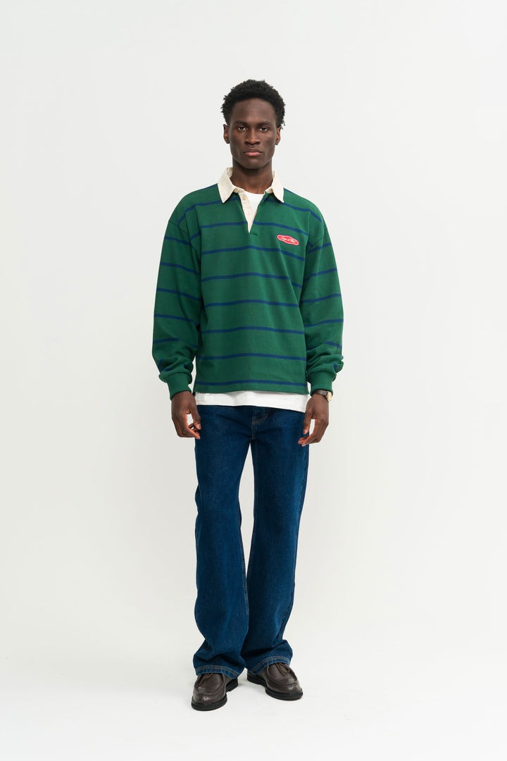 Striped Rugby Polo in Green and Navy Blue - Male model - Coup D'État Portugal