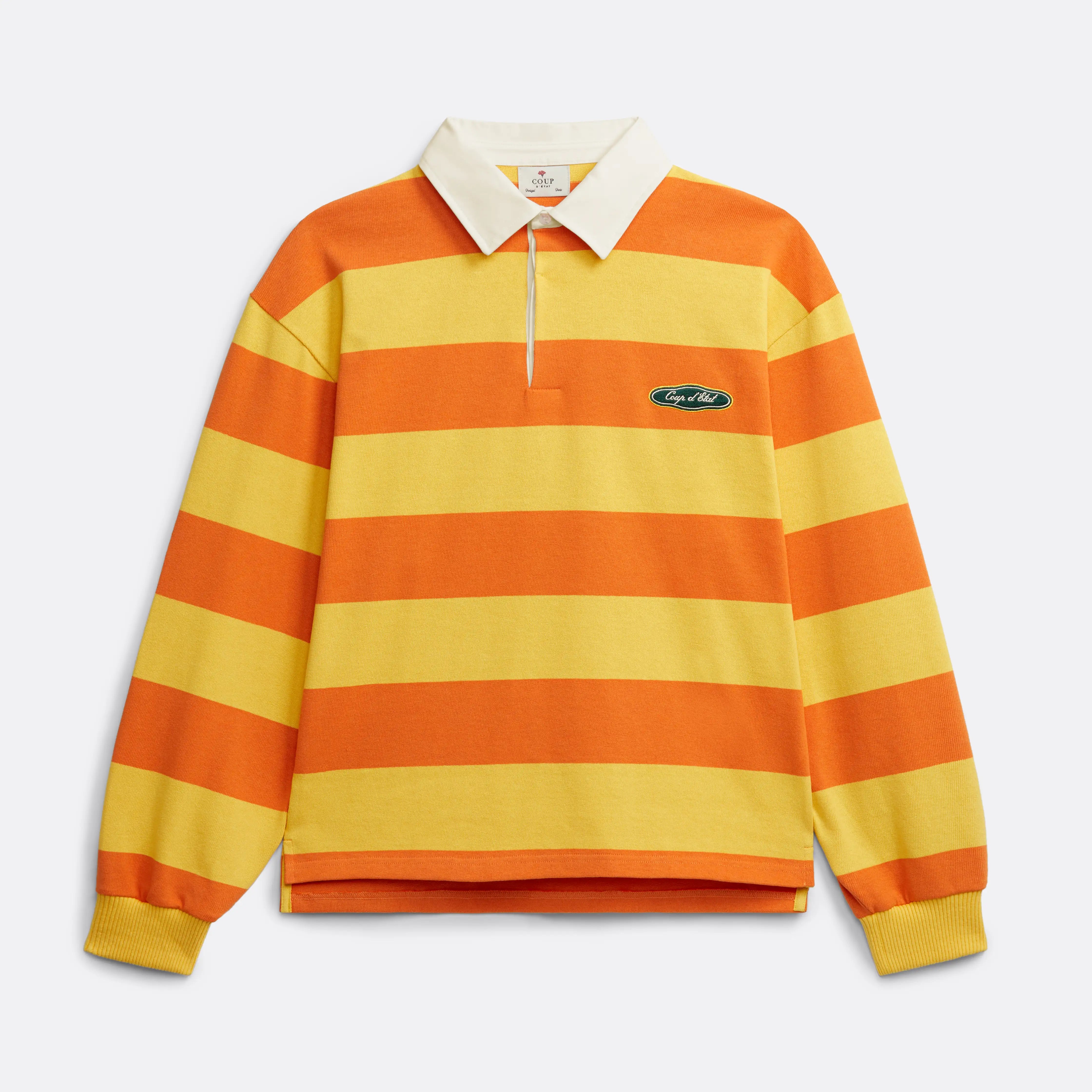 Striped Rugby Polo in Orange and Yellow - Front Patch - Coup D'État Portugal