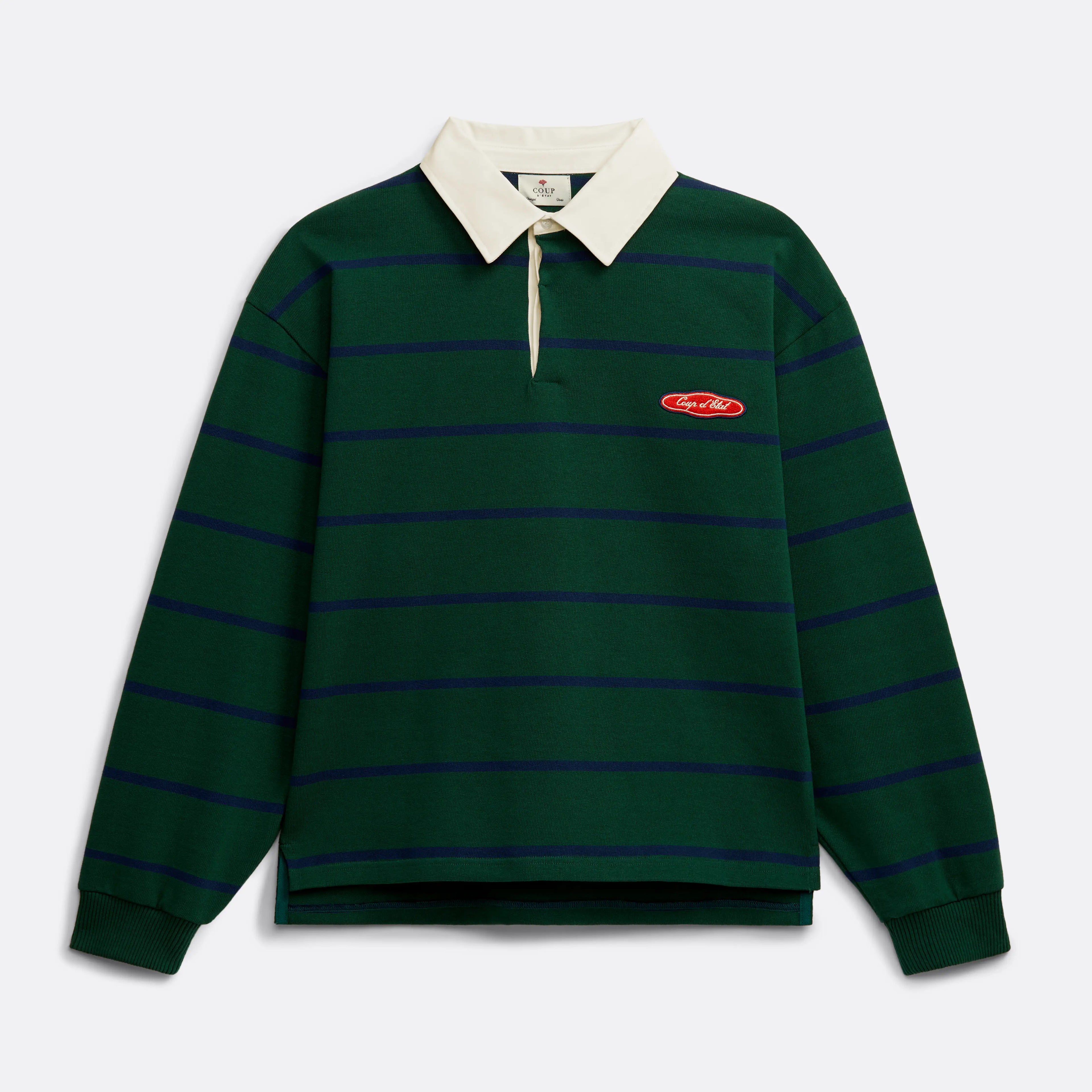 Striped Rugby Polo in Green and Navy Blue - Front  patch - Coup D'État Portugal