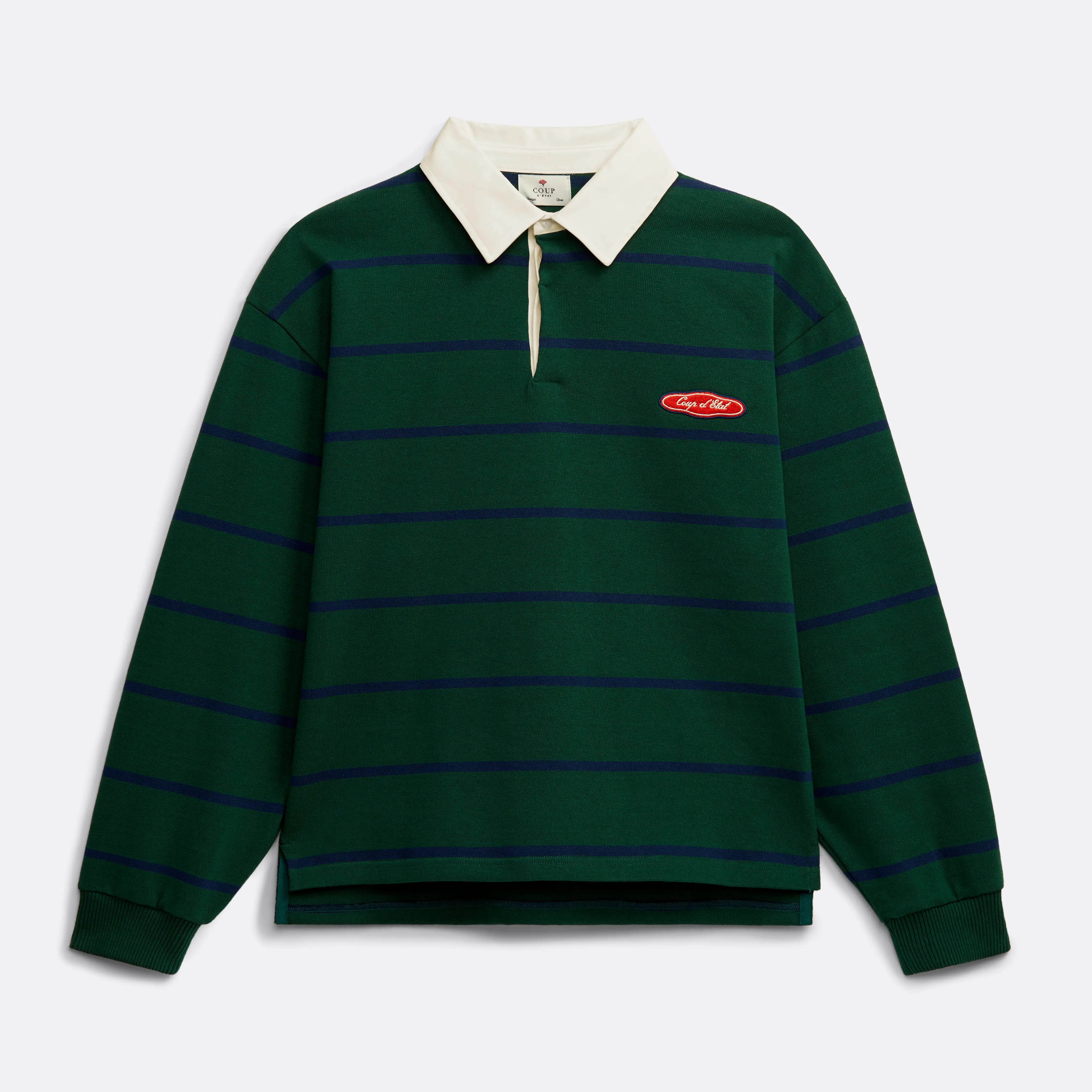 Striped Rugby Polo in Green and Navy Blue - Front  patch - Coup D'État Portugal