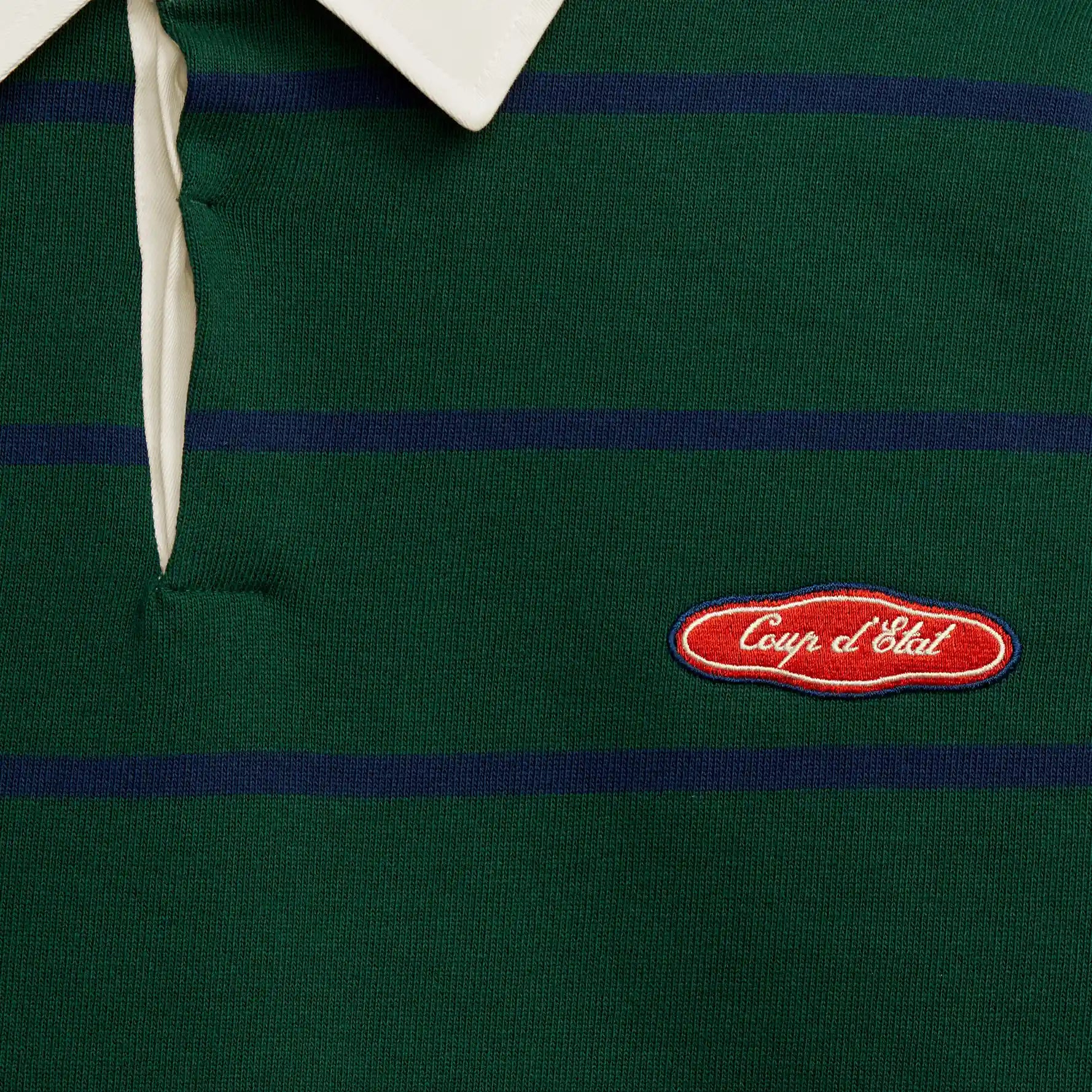 Striped Rugby Polo in Green and Navy Blue - Front  patch - Coup D'État Portugal