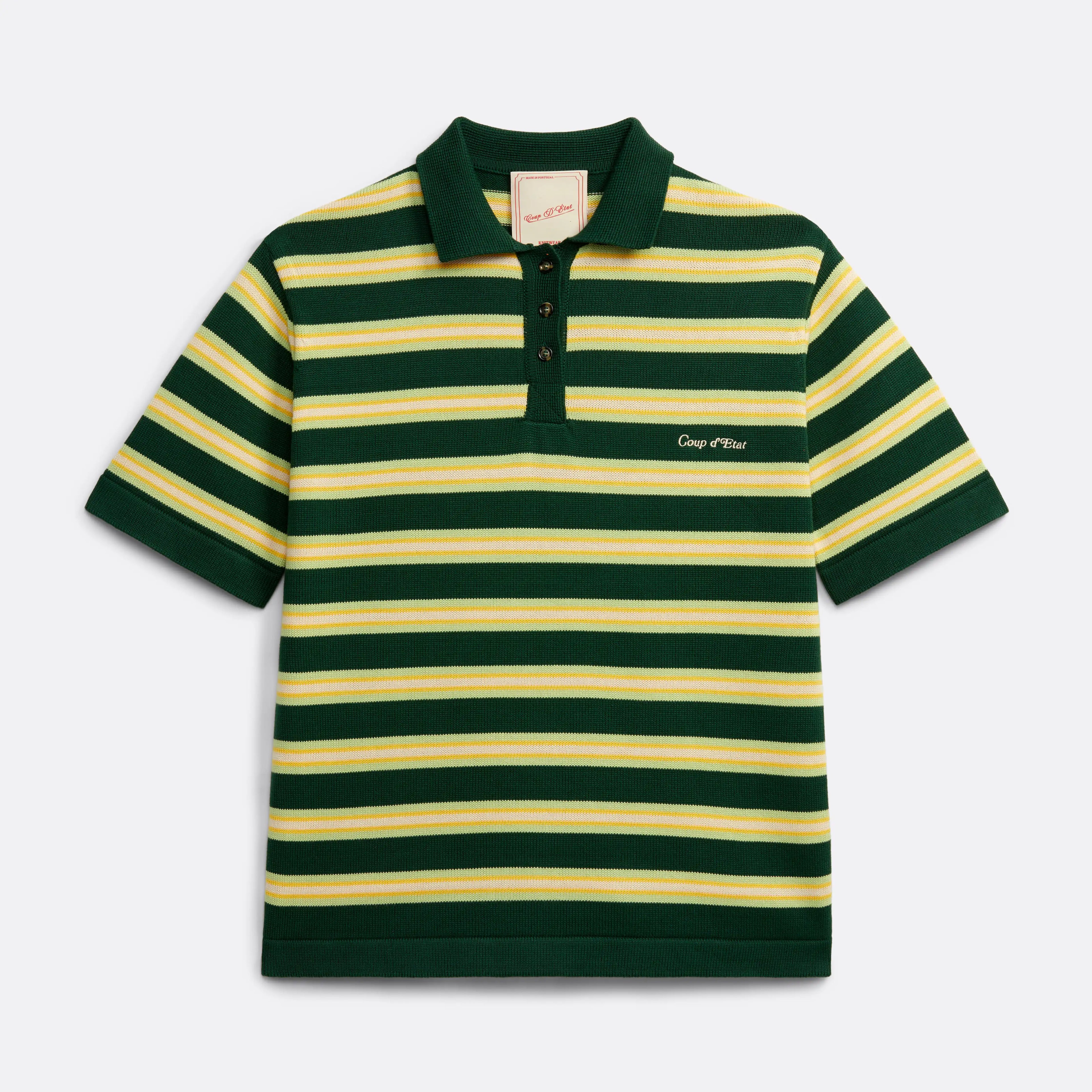 Knitted Striped Polo Shirt in Green and Yellow - Front embroidery - Coup D'État Portugal