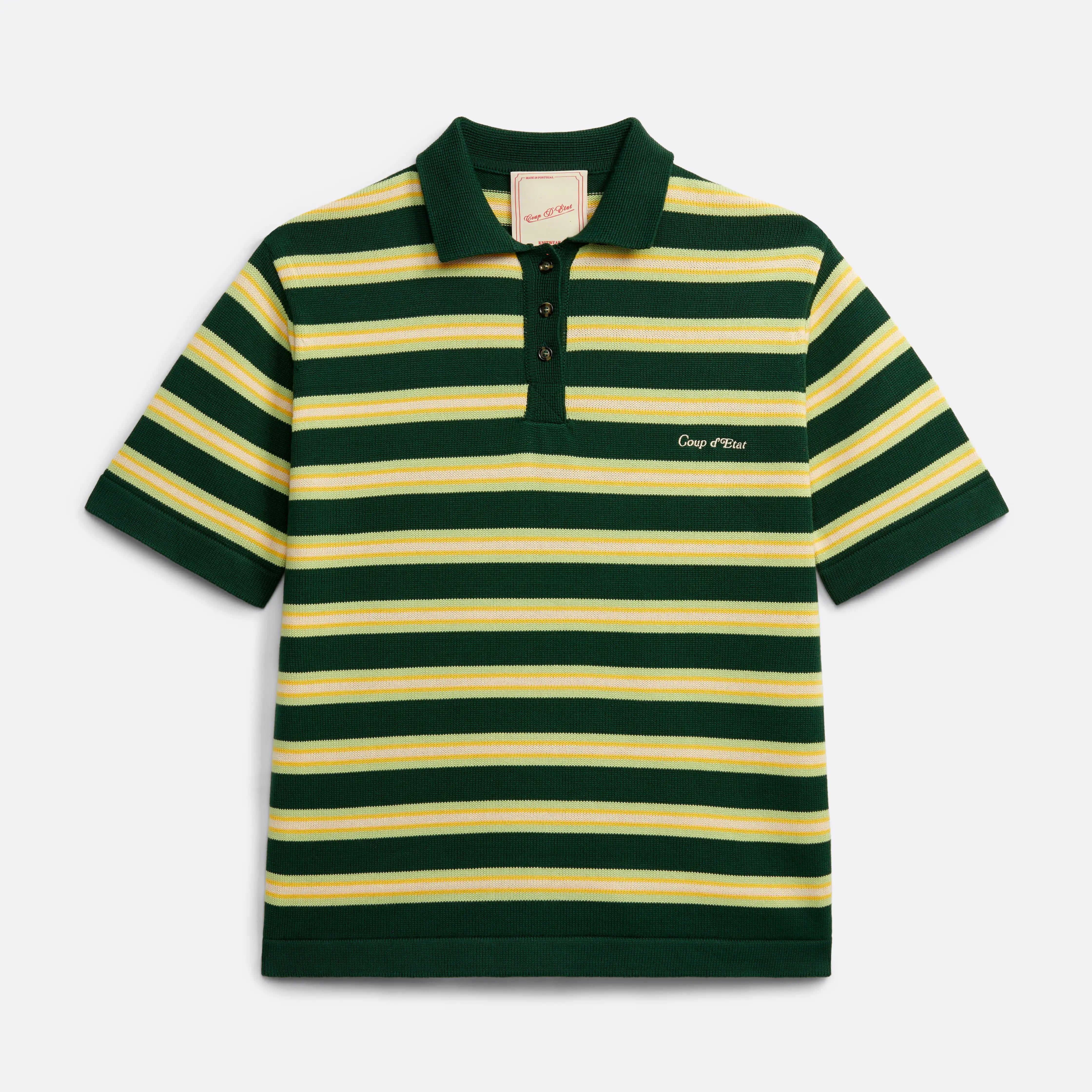 Knitted Striped Polo Shirt in Green and Yellow - Front embroidery - Coup D'État Portugal