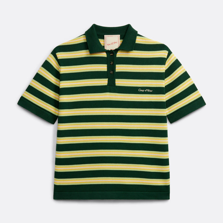 Knitted Striped Polo Shirt in Green and Yellow - Front embroidery - Coup D'État Portugal