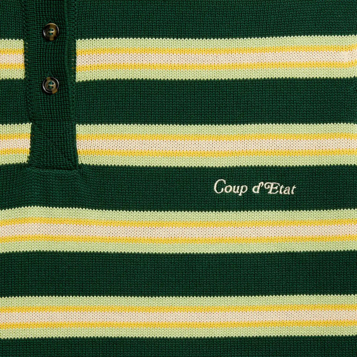 Knitted Striped Polo Shirt in Green and Yellow - Front embroidery - Coup D'État Portugal