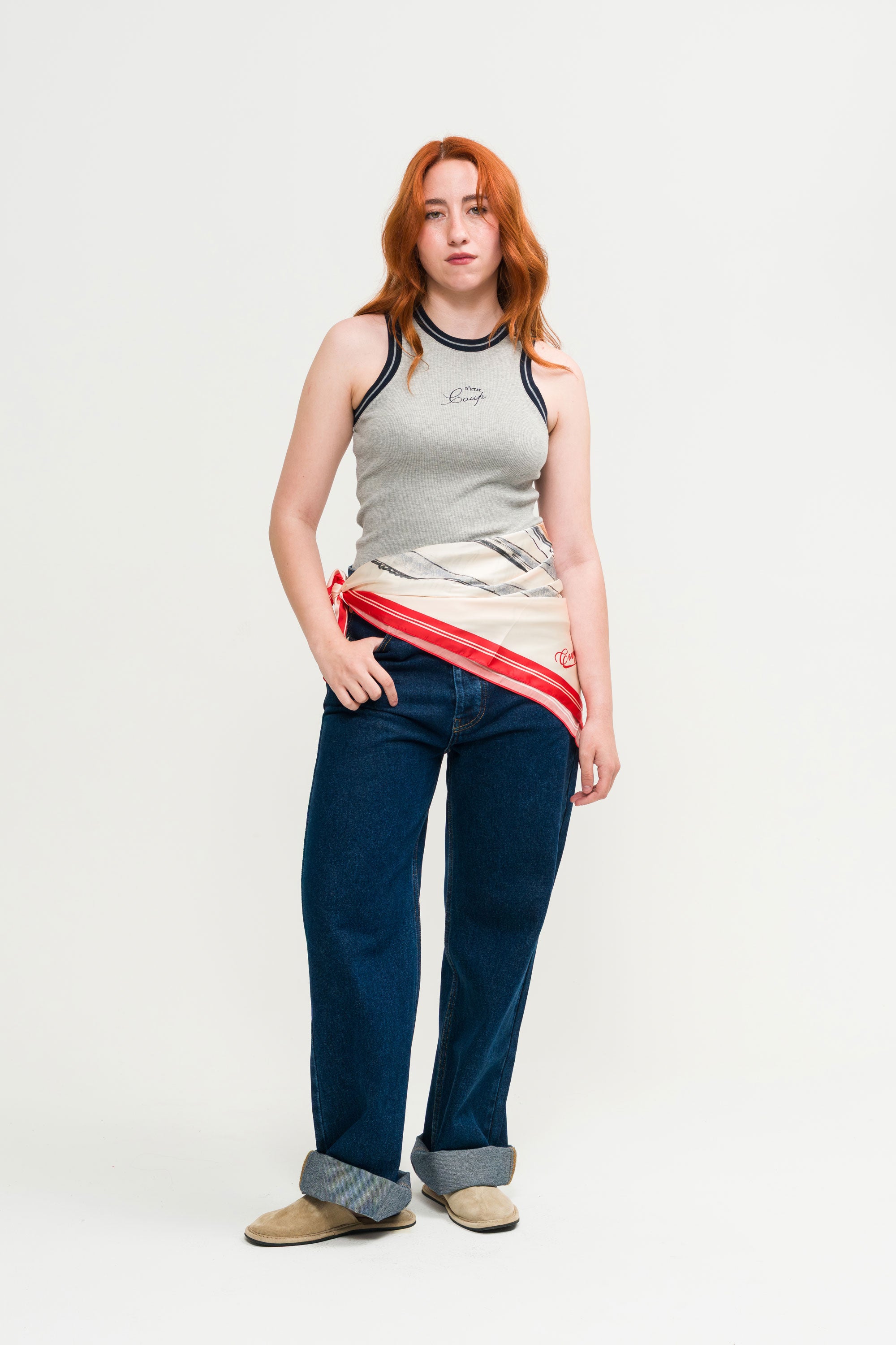 Tank Top in Gray with Navy Blue rib - Female model - Coup D'État Portugal